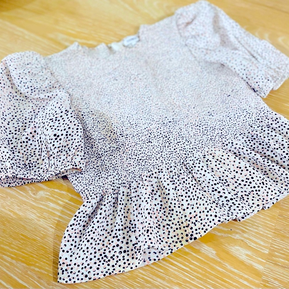 EXPRESS Linen-Blend Smocked Pink & Black Puff Sleeve Top
